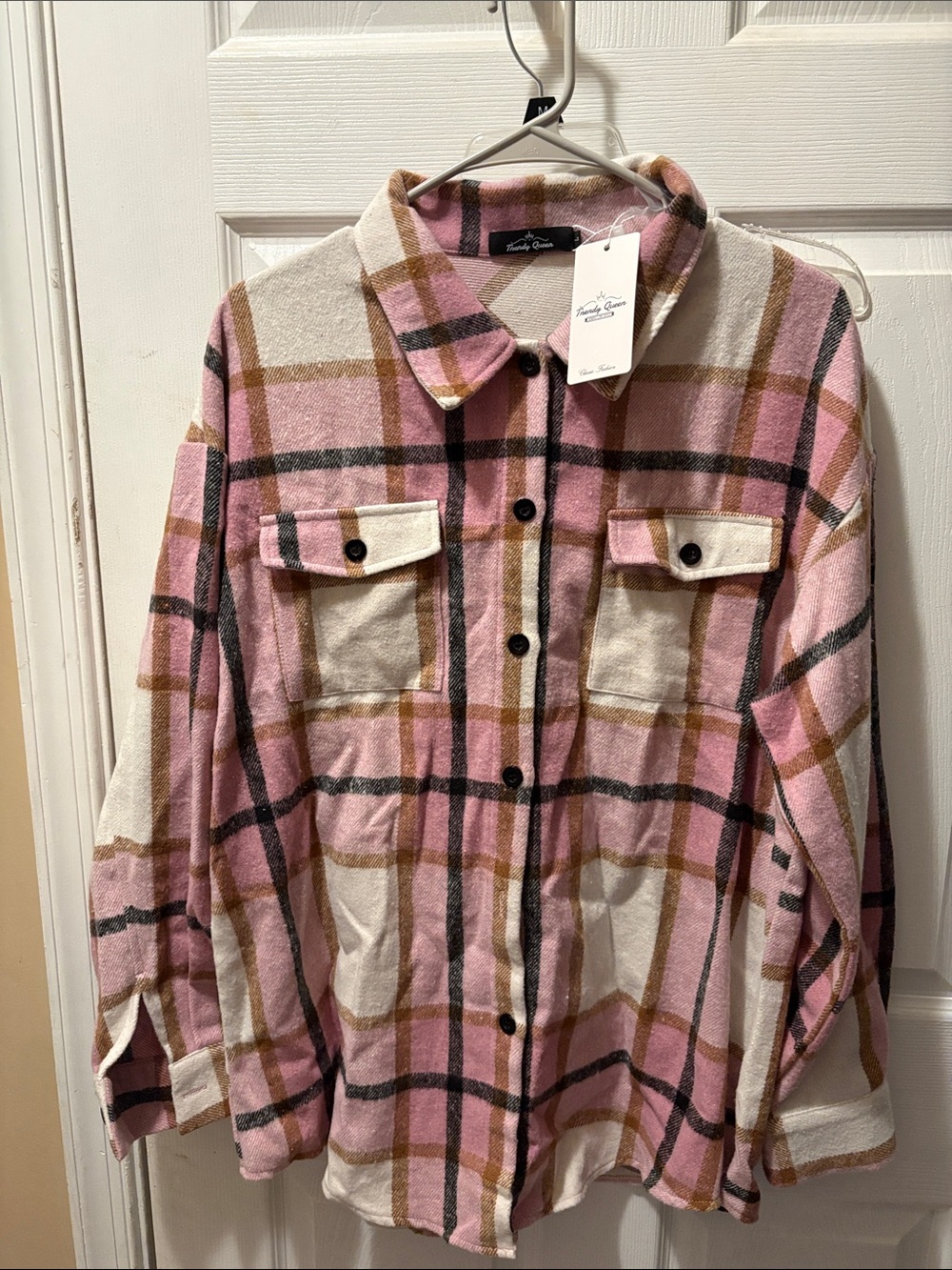 Trendy Queen pink, black and white button down flannel shirt